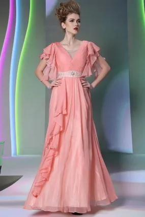 ---Elegant powder pink dress for a wedding guest with long skirt made of chiffon with butterfly sleeves--