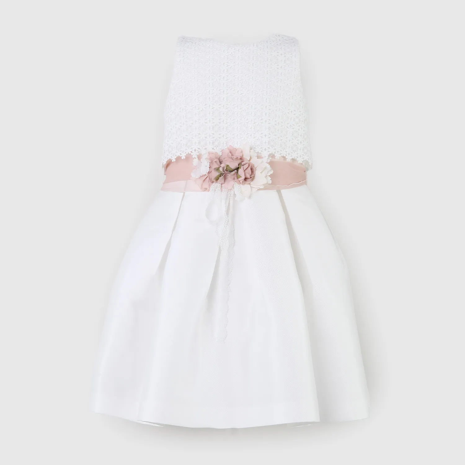 Abito Bianco Con Cintura In Organza Rosa Antico