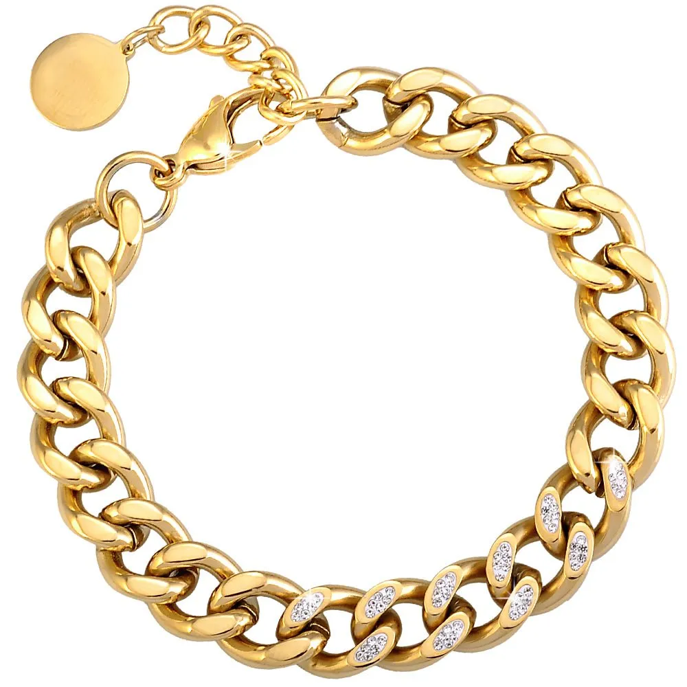 Bracciale con maglia groumette e cristalli in acciaio Gold