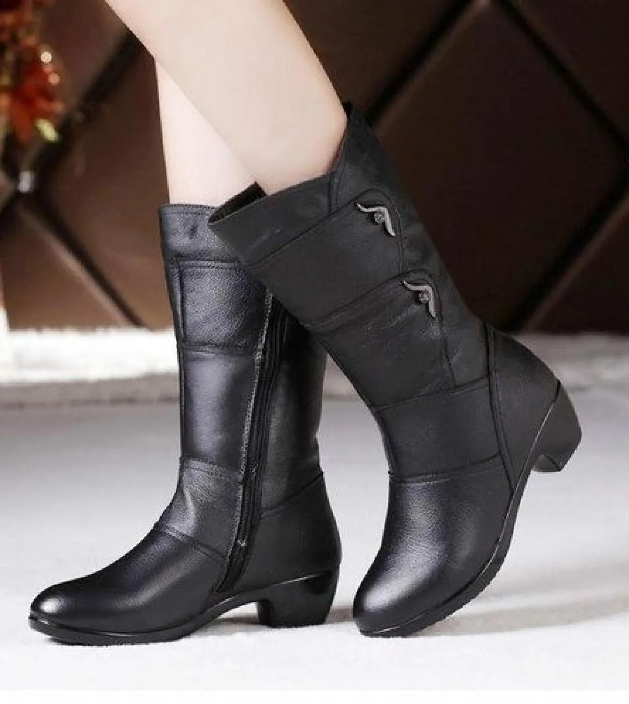 Comemore High Boot For Women Black Pu Faux Leather  Womens Shoes Midcalf Boots Non Slip Spring Winter Shoes Comfortable