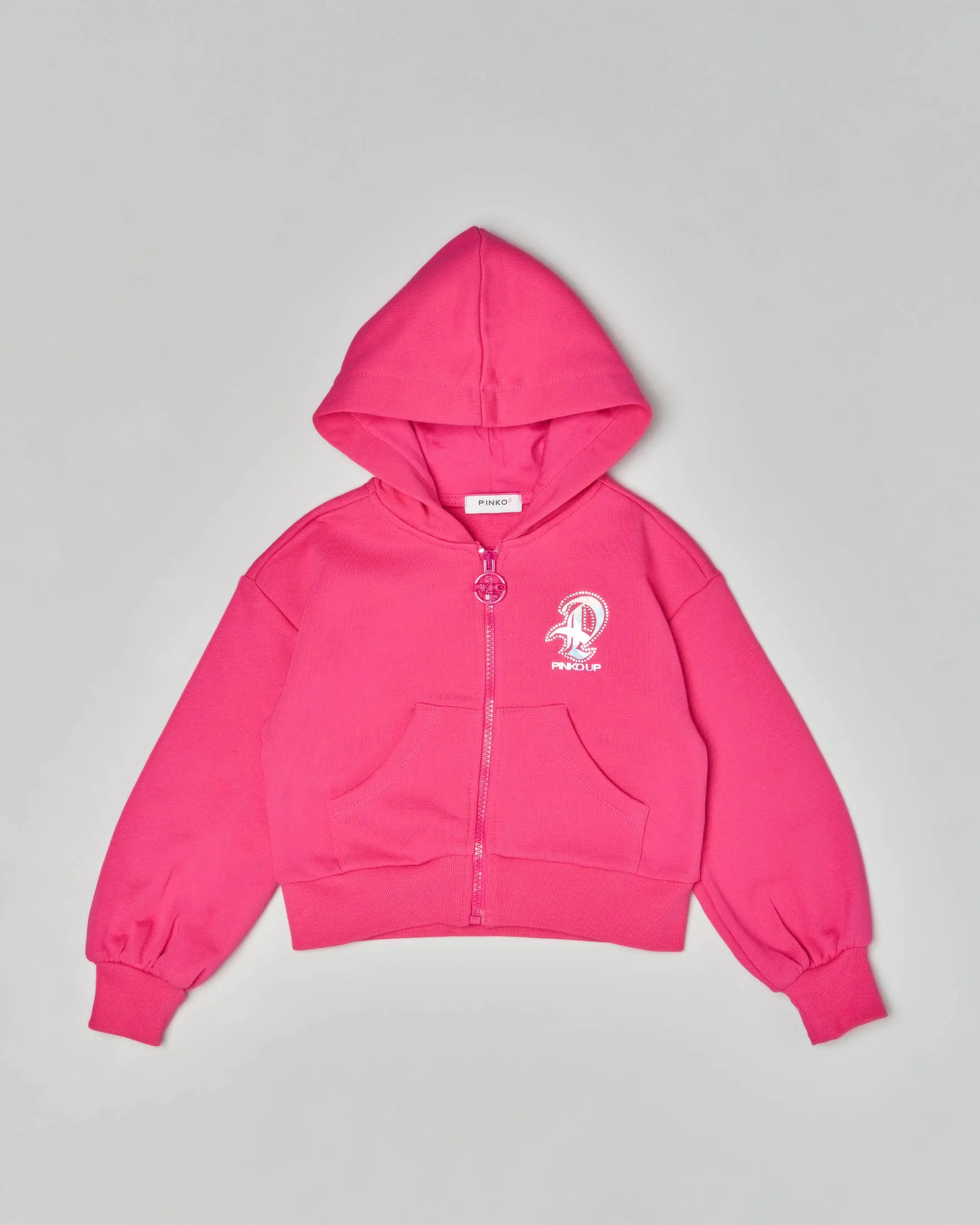 Felpa fucsia con cappuccio e chiusura zip con logo argentato 3-7 anni