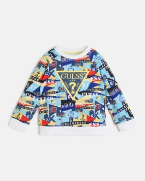 Felpa girocollo multicolore a stampa bandiere con logo Guess frontale 9-24 mesi