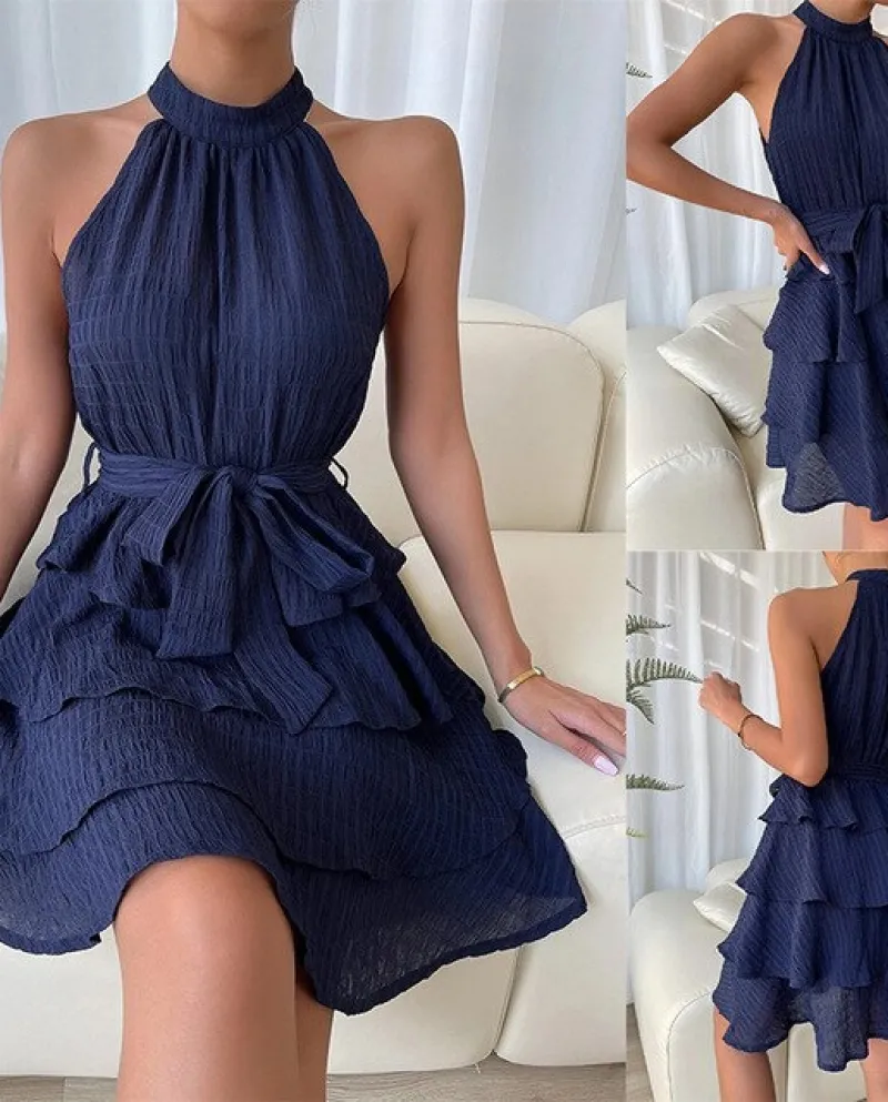 Female Solid Colored Fashion New Spring Summer 2022 Ruffle Edge Elegant Commuting Sleeveless Dress With A Bow