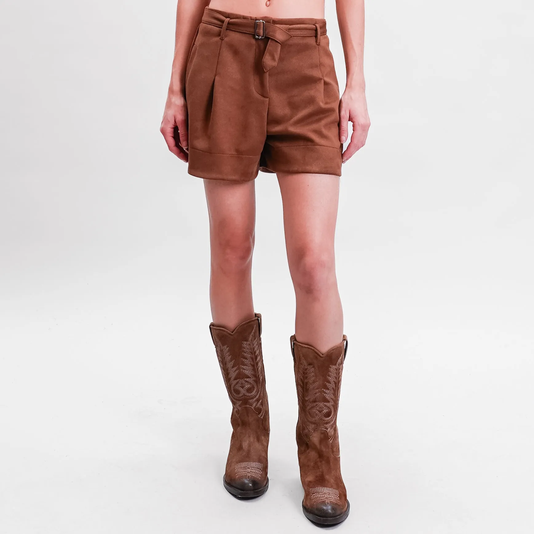 Haveone-Shorts effetto suede con cintura - tabacco