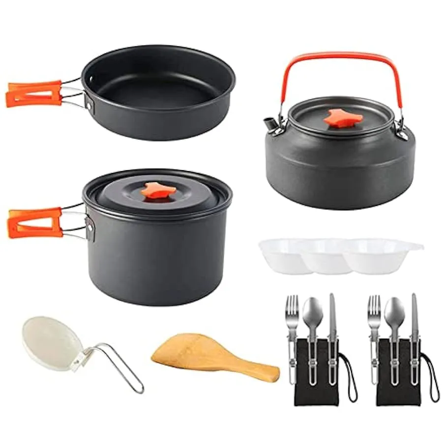 Kit di utensili da cucina da campeggio, set da cucina all’aperto per 2-3 persone con borsa da trasporto in rete, set da cucina p