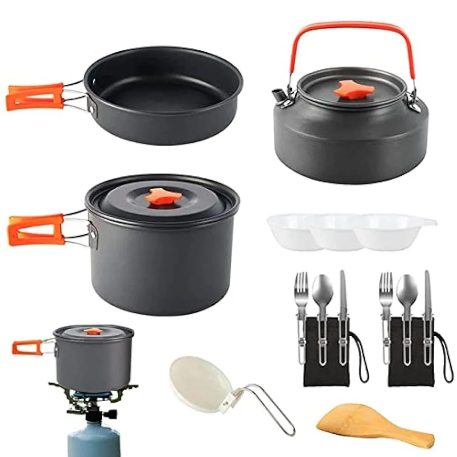 Kit di utensili da cucina da campeggio, set da cucina all’aperto per 2-3 persone con borsa da trasporto in rete, set da cucina p