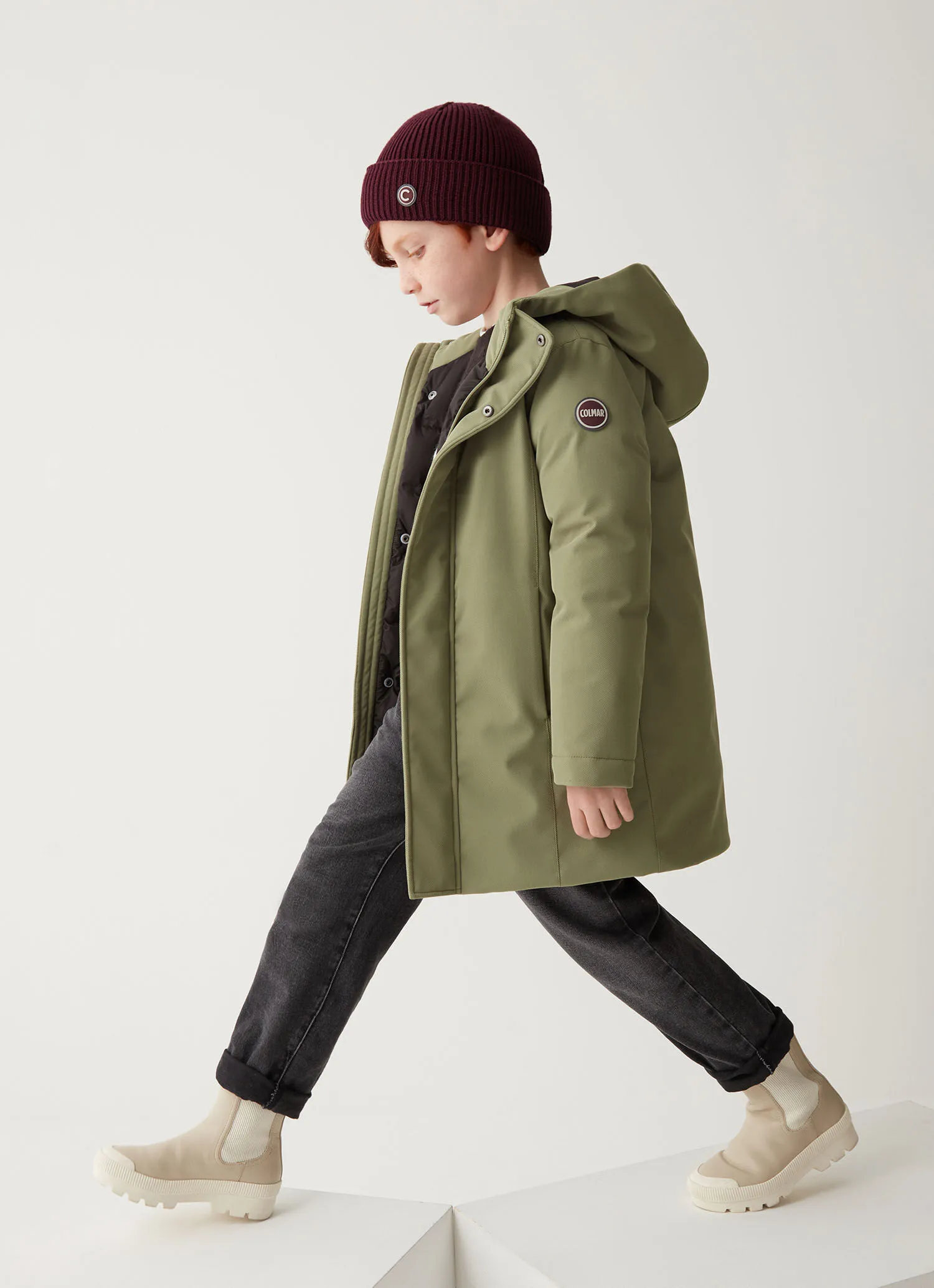 Mid-length wool-effect gabardine down jacket