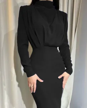 New Fashion Solid Party Dress Donna Elegante Stand Collar Pieghettato Slim Abiti lunghi Lady Autunno Primavera Casual Pendolaris