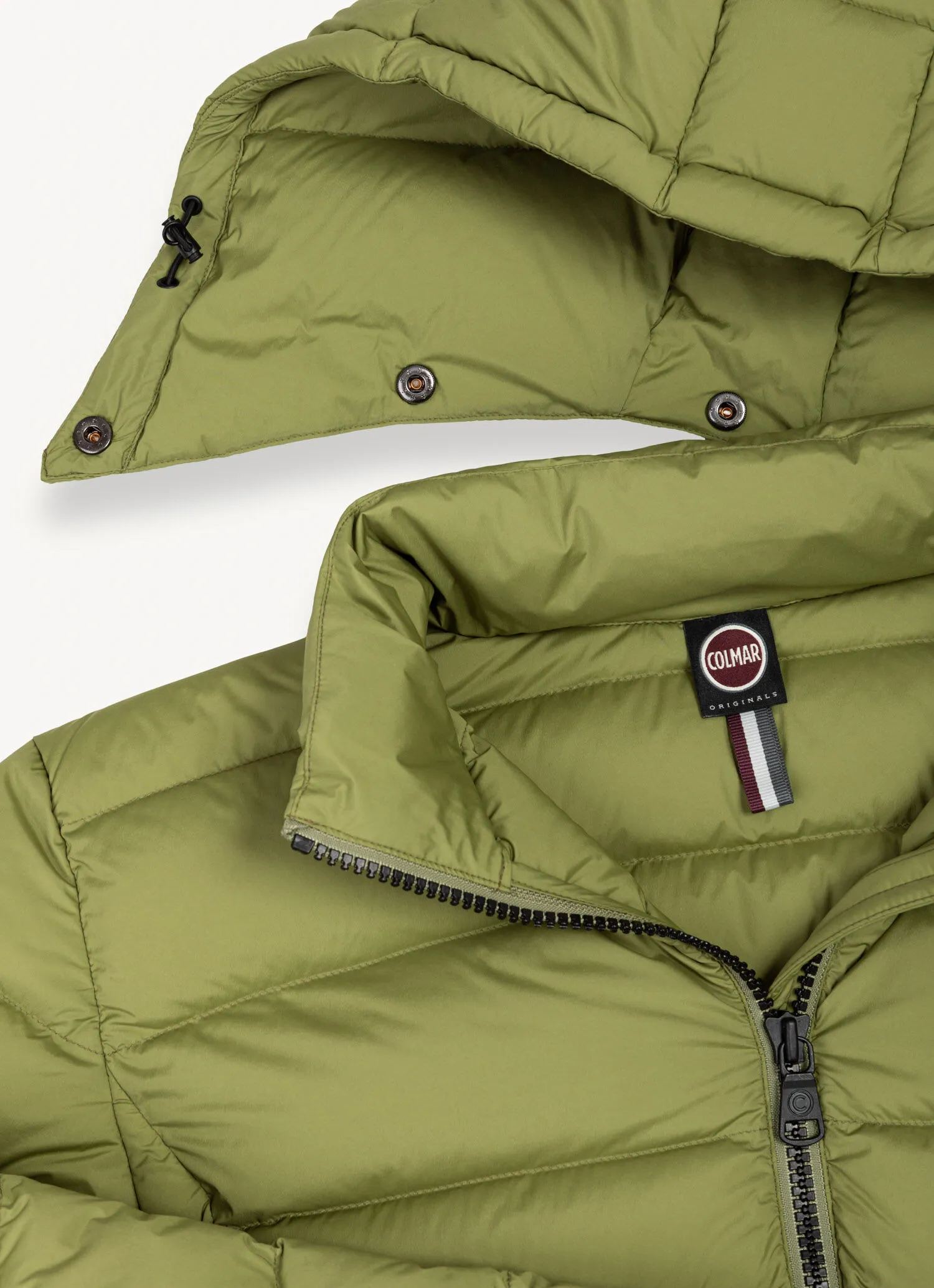 Opaque stretch down jacket with detachable hood