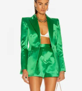 Pantaloncini Blazer Abiti Verde 2022 Primavera Nuovo Raso Monopetto Giacca Allentata Mini Pantaloncini Set Due Pezzi Donna Alta