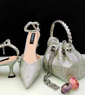 Qsgfc 2023 Scarpe da donna a punta con diamanti colorati popolari africani e borsa con manico di scarpe da festa di nozze con de