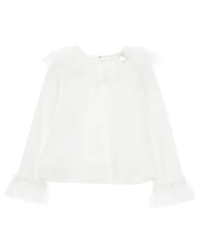 T-shirt bianca manica lunga in jersey stretch con inserti in tulle 8-12 anni