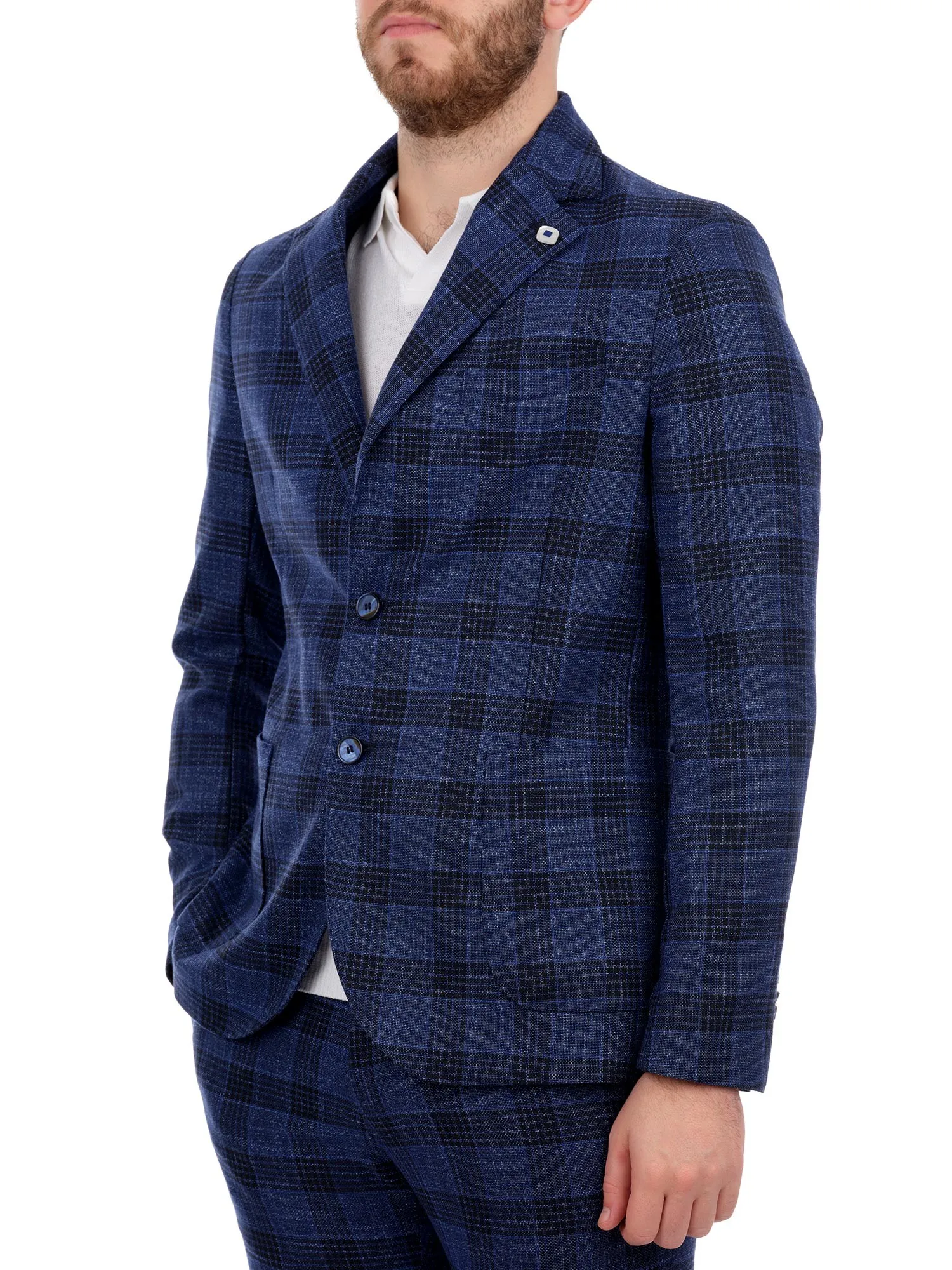 Unlined Blue Checked Jacket Single-Breasted Two Buttons