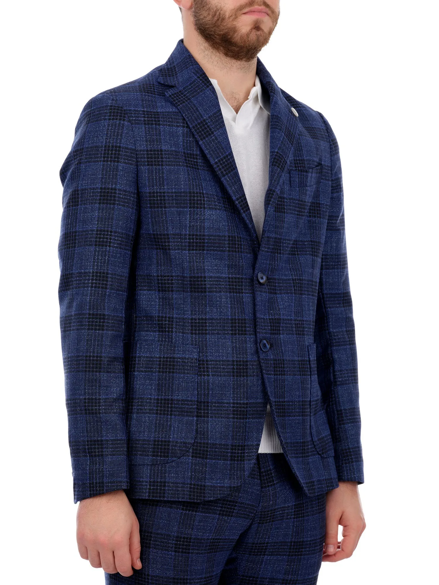 Unlined Blue Checked Jacket Single-Breasted Two Buttons