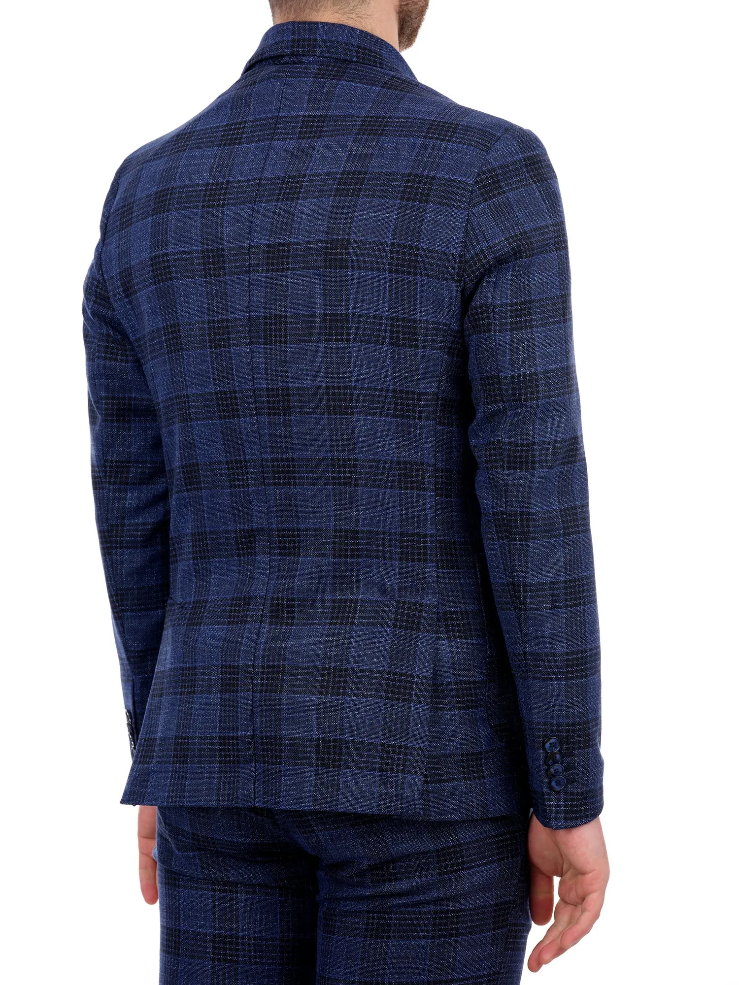 Unlined Blue Checked Jacket Single-Breasted Two Buttons