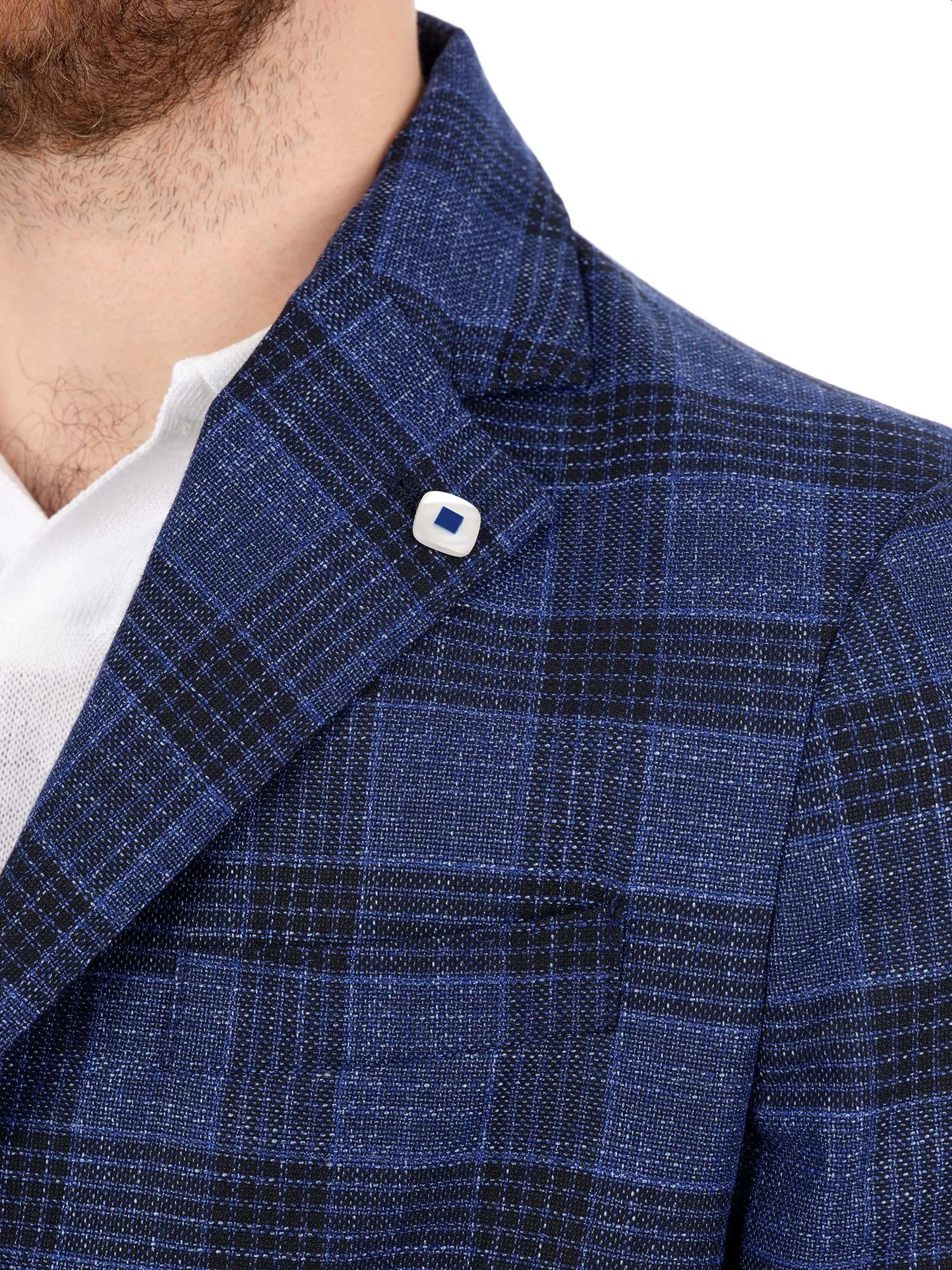 Unlined Blue Checked Jacket Single-Breasted Two Buttons