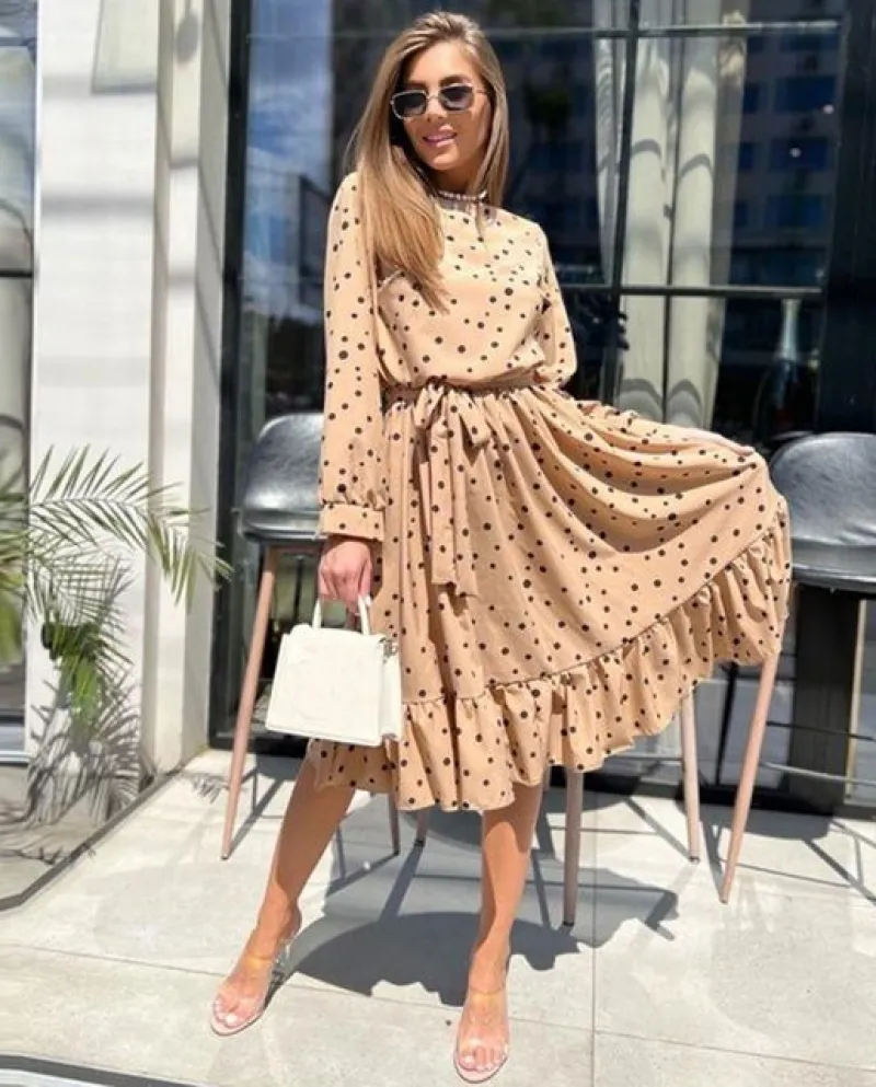 Womens Long Sleeve V Neck Ruffle Polka Dot Dress Casual Loose Long Dress High Waist Swing Tunic Dress Party Dress For Wo